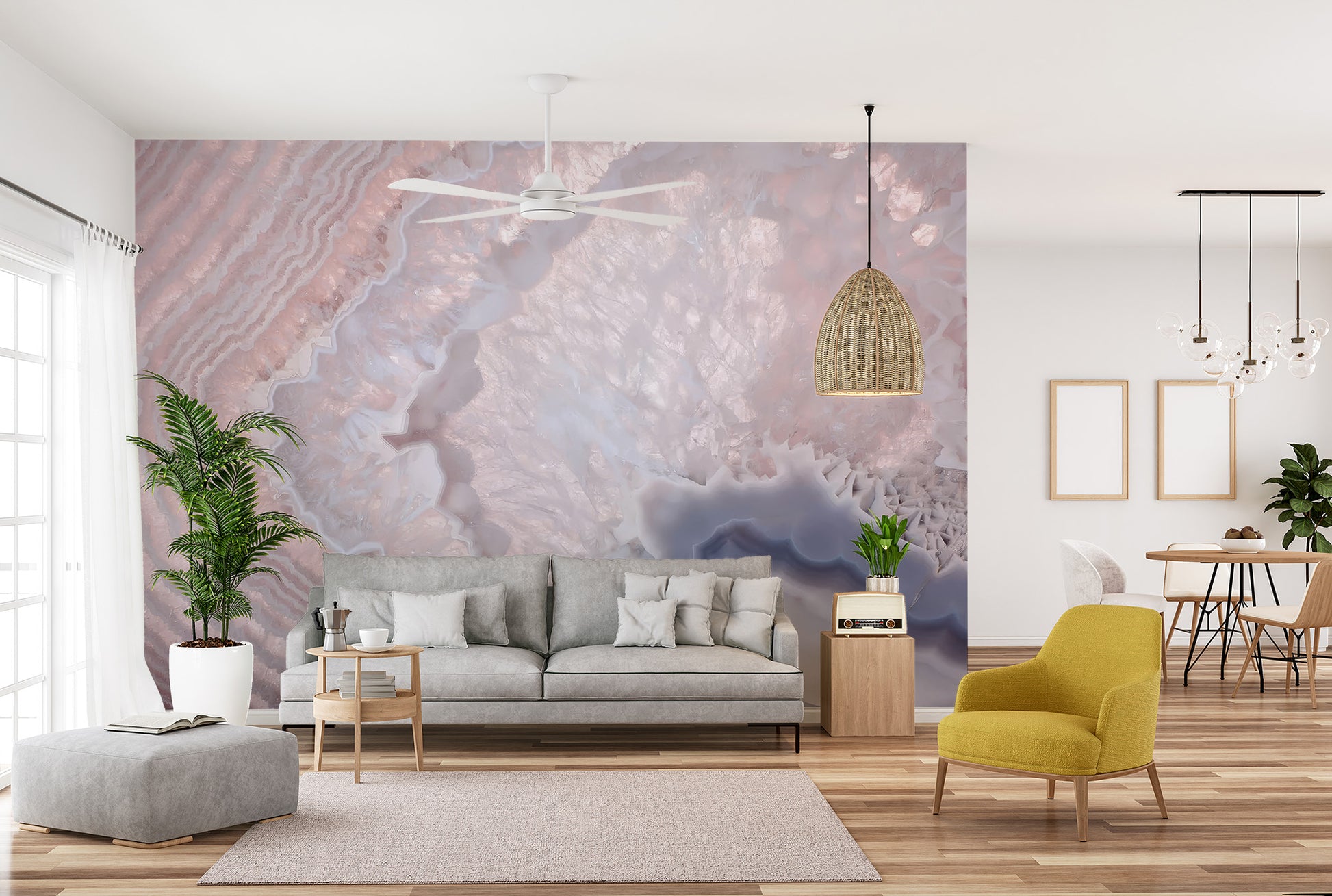 Beautiful rose quartz wallpaper mural creating a calming atmosphere
