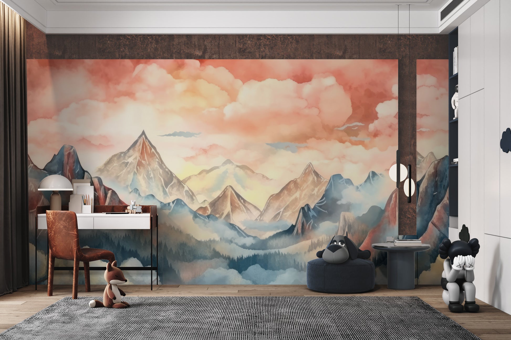 Scenic misty mountains in a watercolor landscape painting