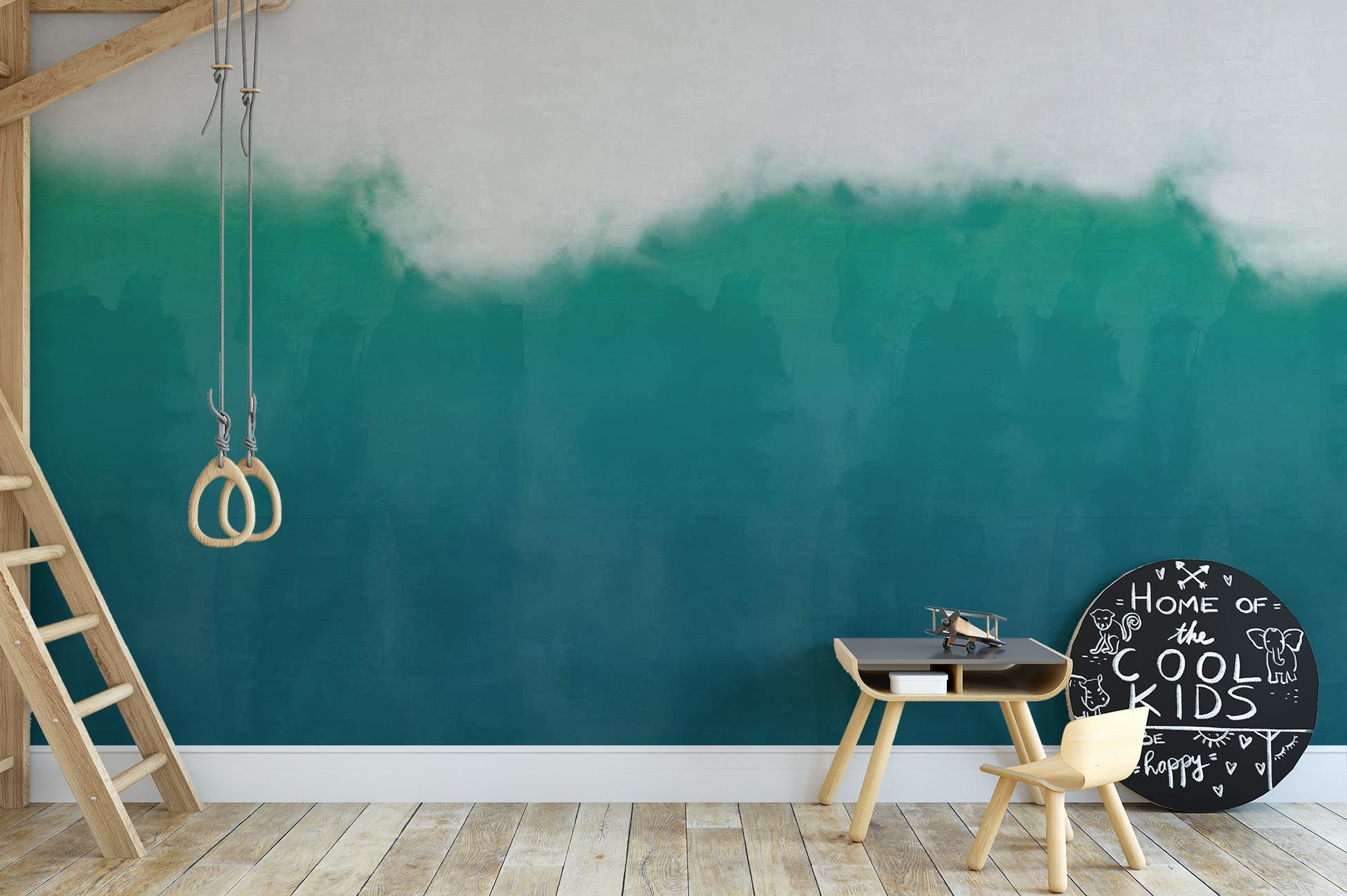 Vibrant beach wall mural with watercolor-inspired coastal scene
