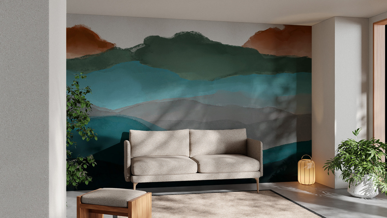 Sunset mountains mural for serene decor

