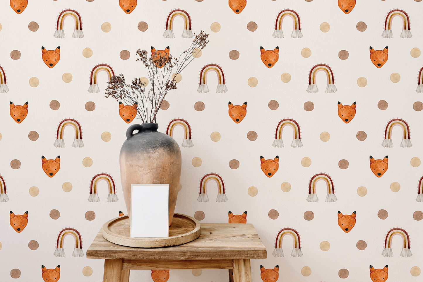 Polka Dots Brown Beige Rainbow Fox Kids Room Wallpaper