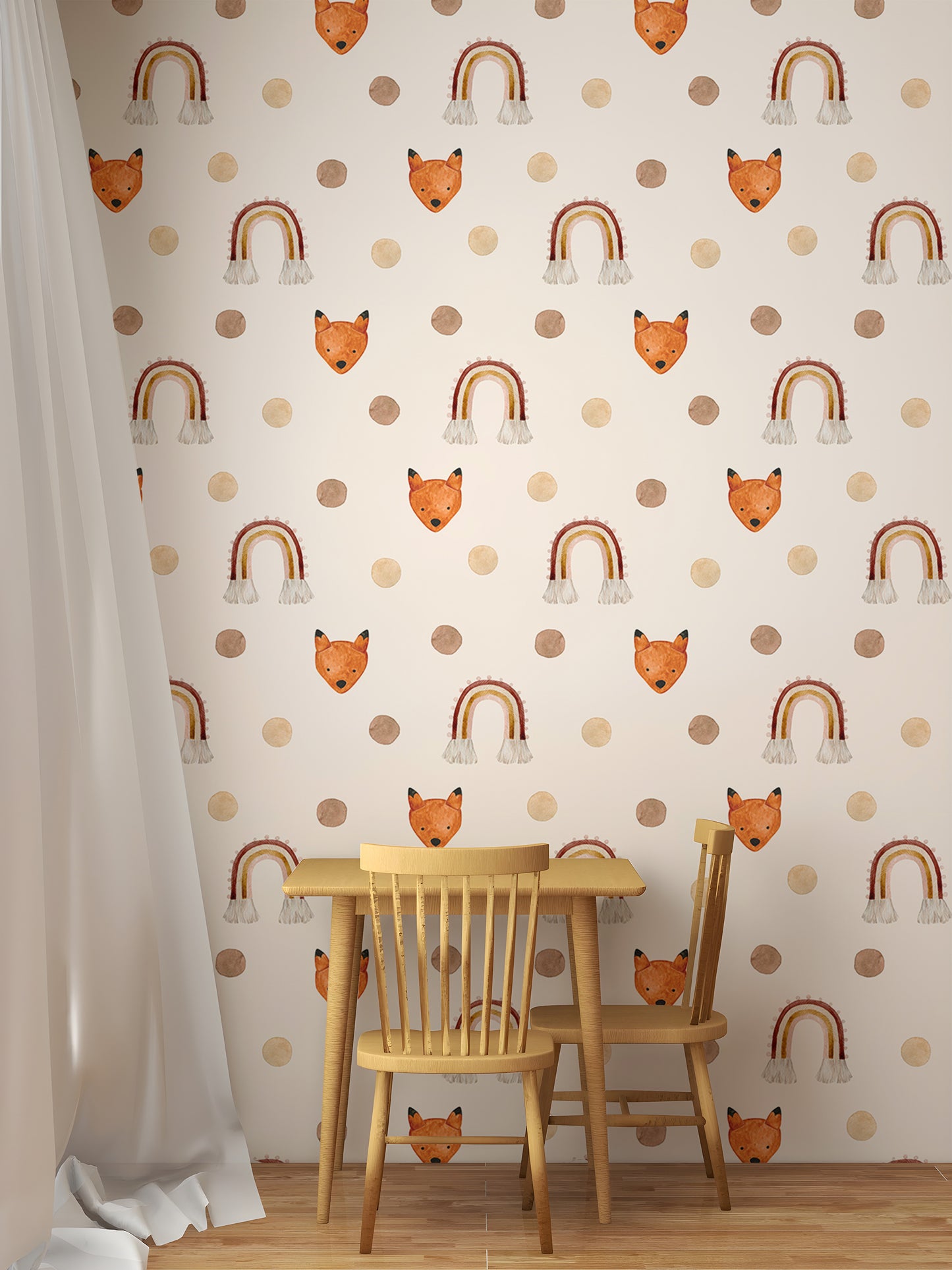 Polka Dots Brown Beige Rainbow Fox Kids Room Wallpaper
