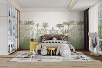 Artistic green tropical chinoiserie mural for interiors
