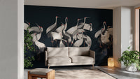 Scenic white cranes gathering wall art decor.
