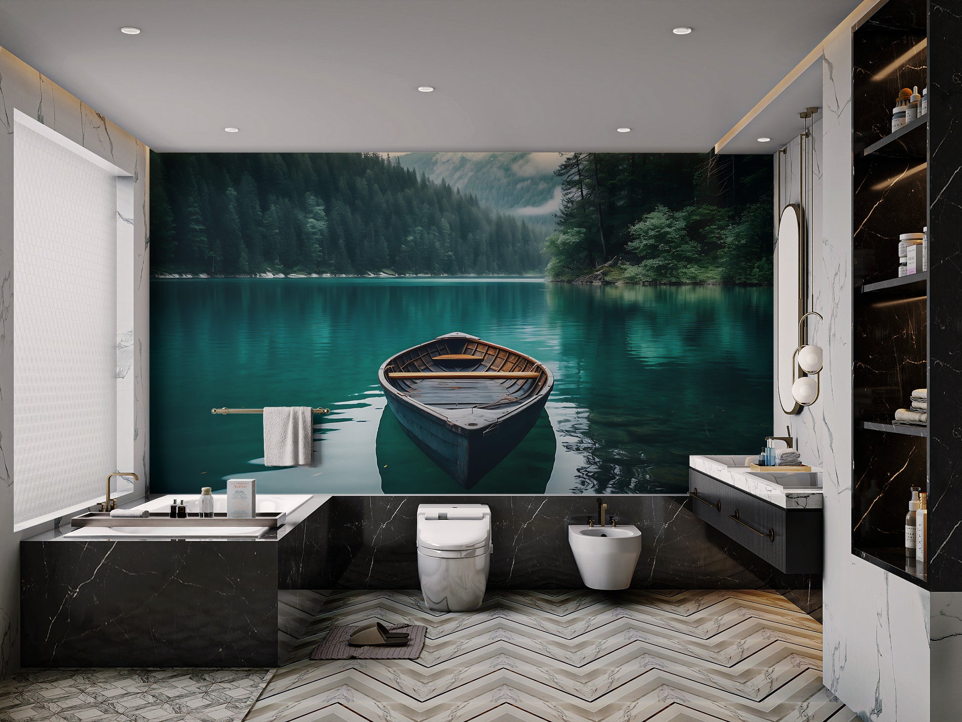 Forest lake with boat reflection mural
