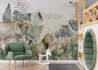 Bold mural with jungle animals in a lush forest setting

