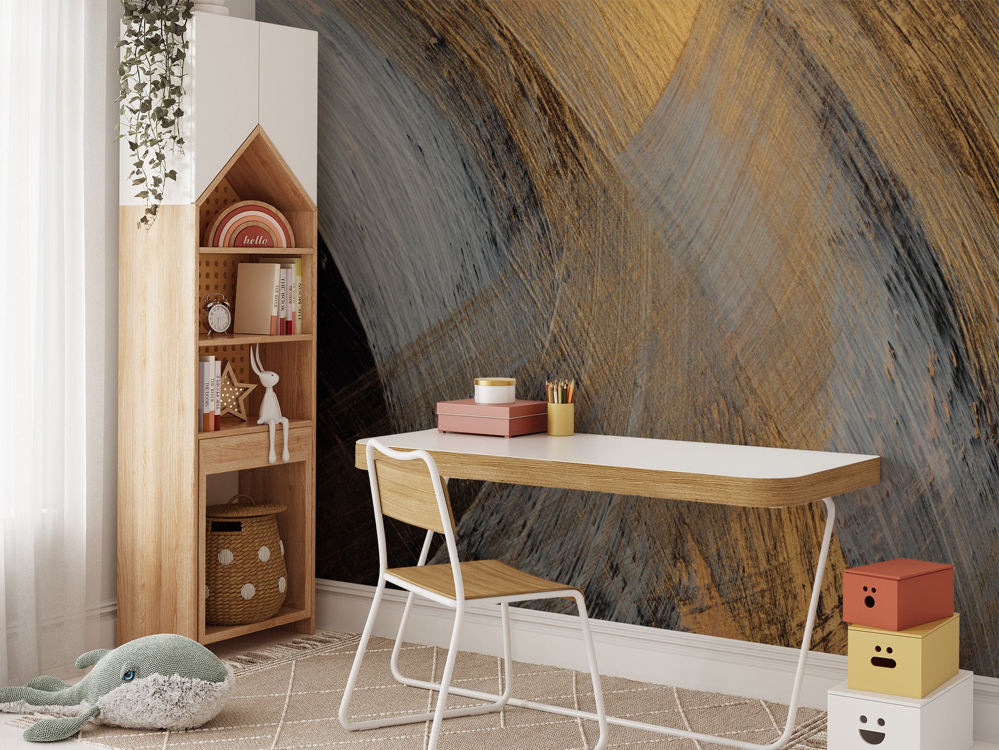 Bold swirl design mural in gold and black
