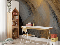 Bold swirl design mural in gold and black
