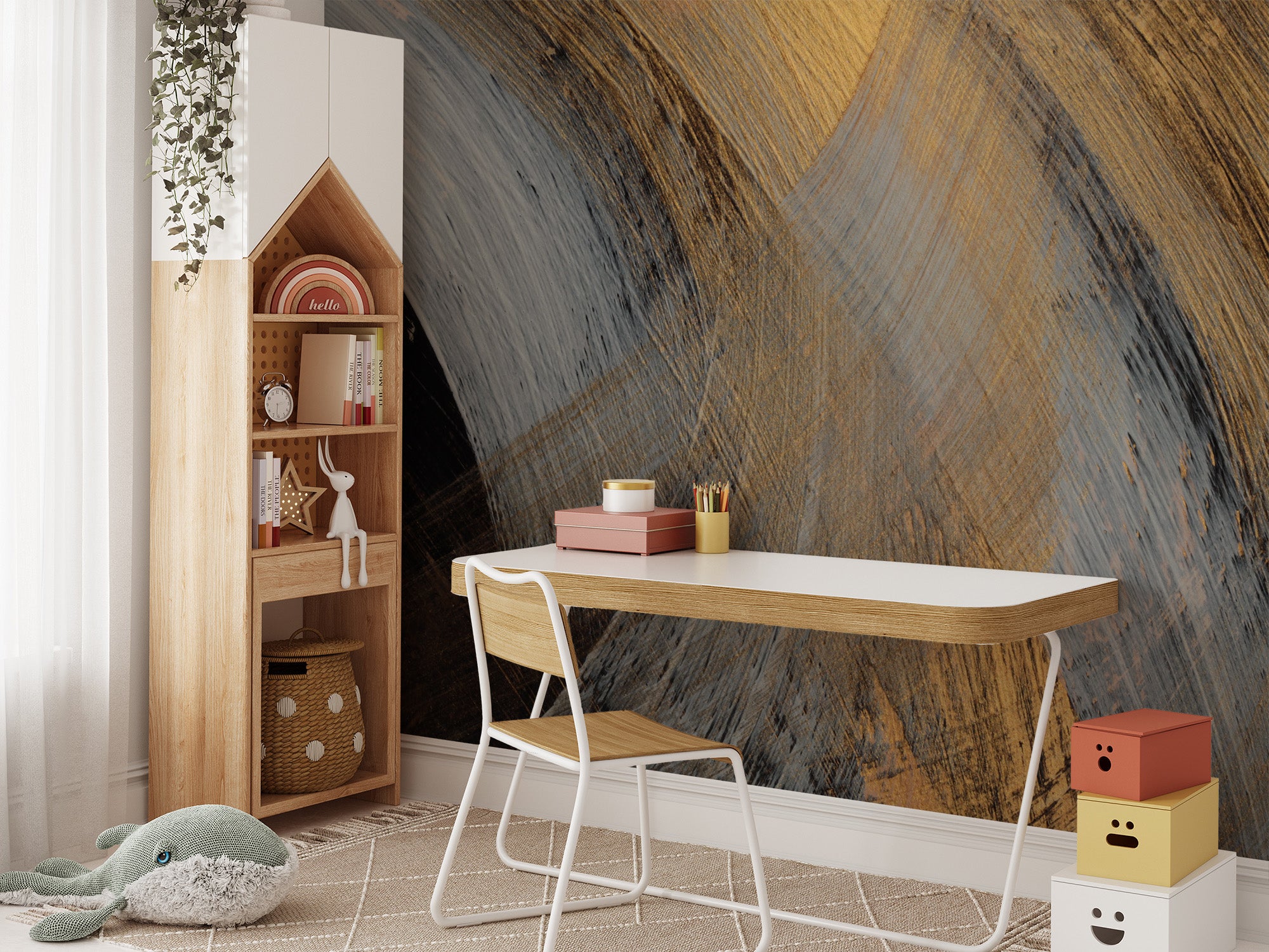 Bold swirl design mural in gold and black
