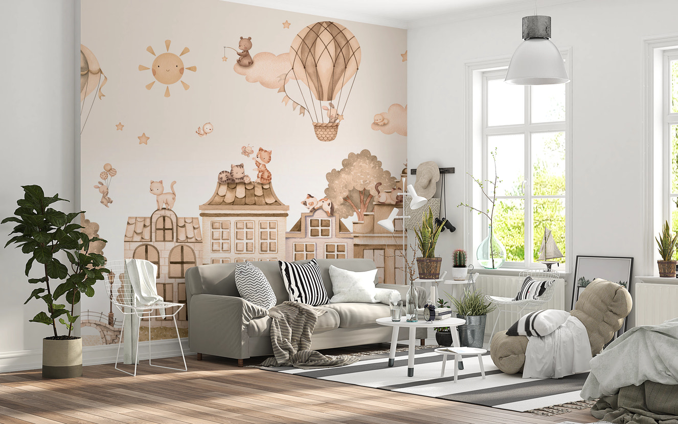 Living room with grey sofa and City Cats Mono wall mural.