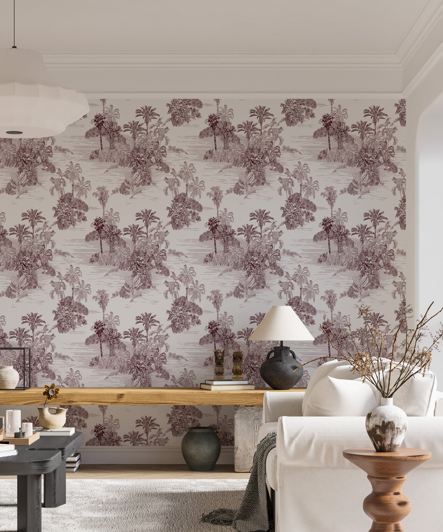 Etching Tropical Jungle Pattern Brown Toile Wallpaper