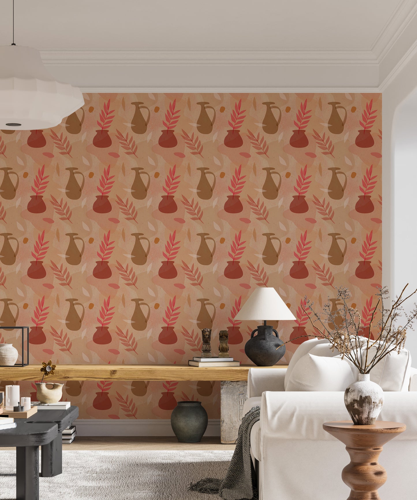 Leaves Vase Pastel Colors Vintage Design Wallpaper