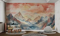 Nature-inspired mountain mural with fog and warm hues