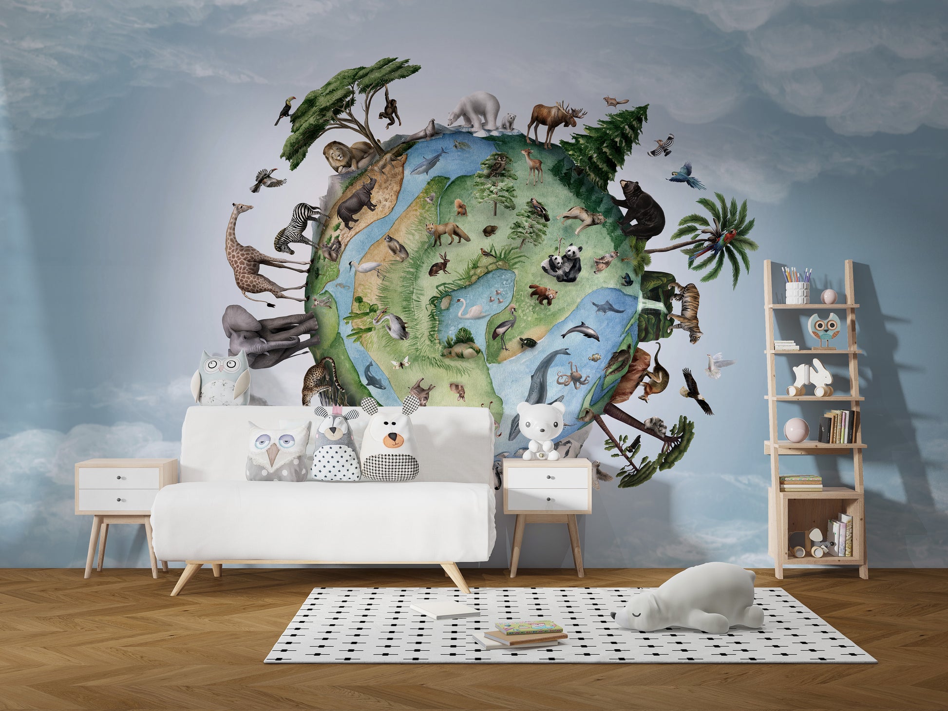 Artistic mural with global wildlife and natural elements.
