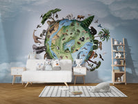 Artistic mural with global wildlife and natural elements.
