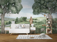 Forest-themed mural showcasing bears and bees in nature.
