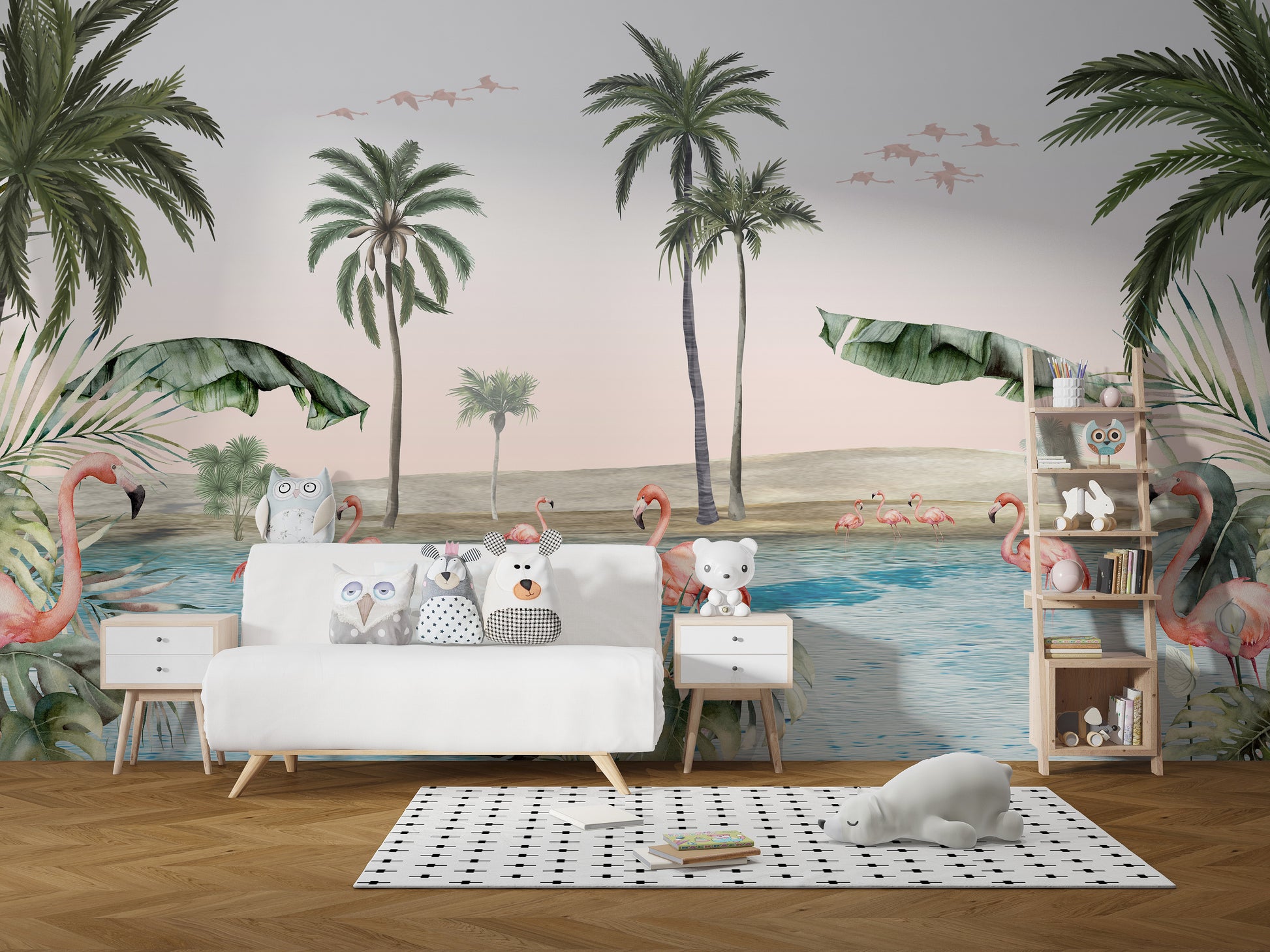 Scenic mural featuring flamingos and palm trees together.
