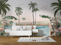 Scenic mural featuring flamingos and palm trees together.
