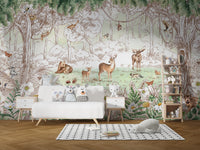 Forest friends mural with vibrant springtime scenery.
