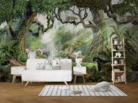 Artistic mural with vibrant jungle cat illustrations.
