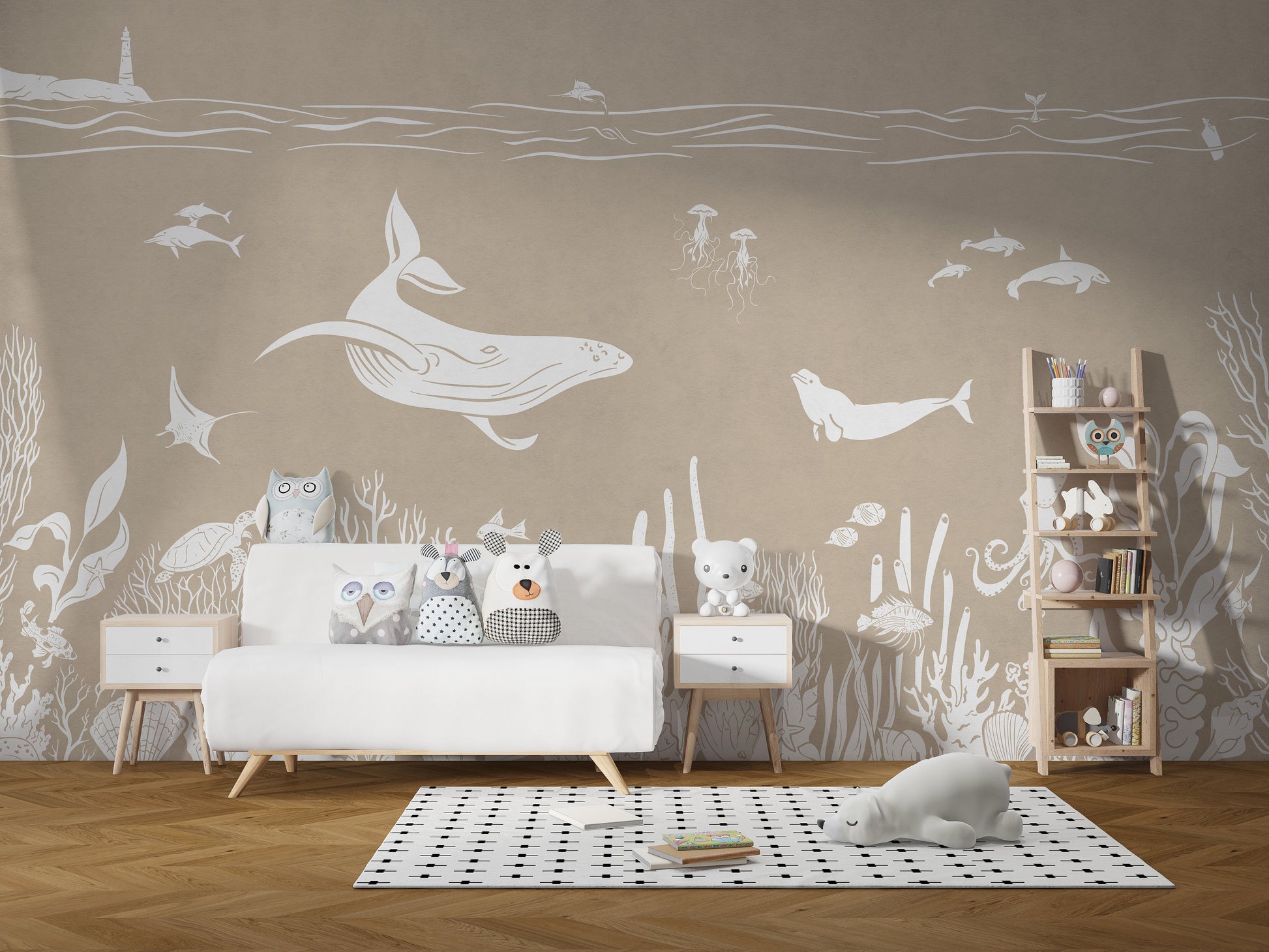 Brown sea-themed Monochrome mural for serene spaces.
