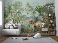Exotic wildlife forest mural with dense greenery