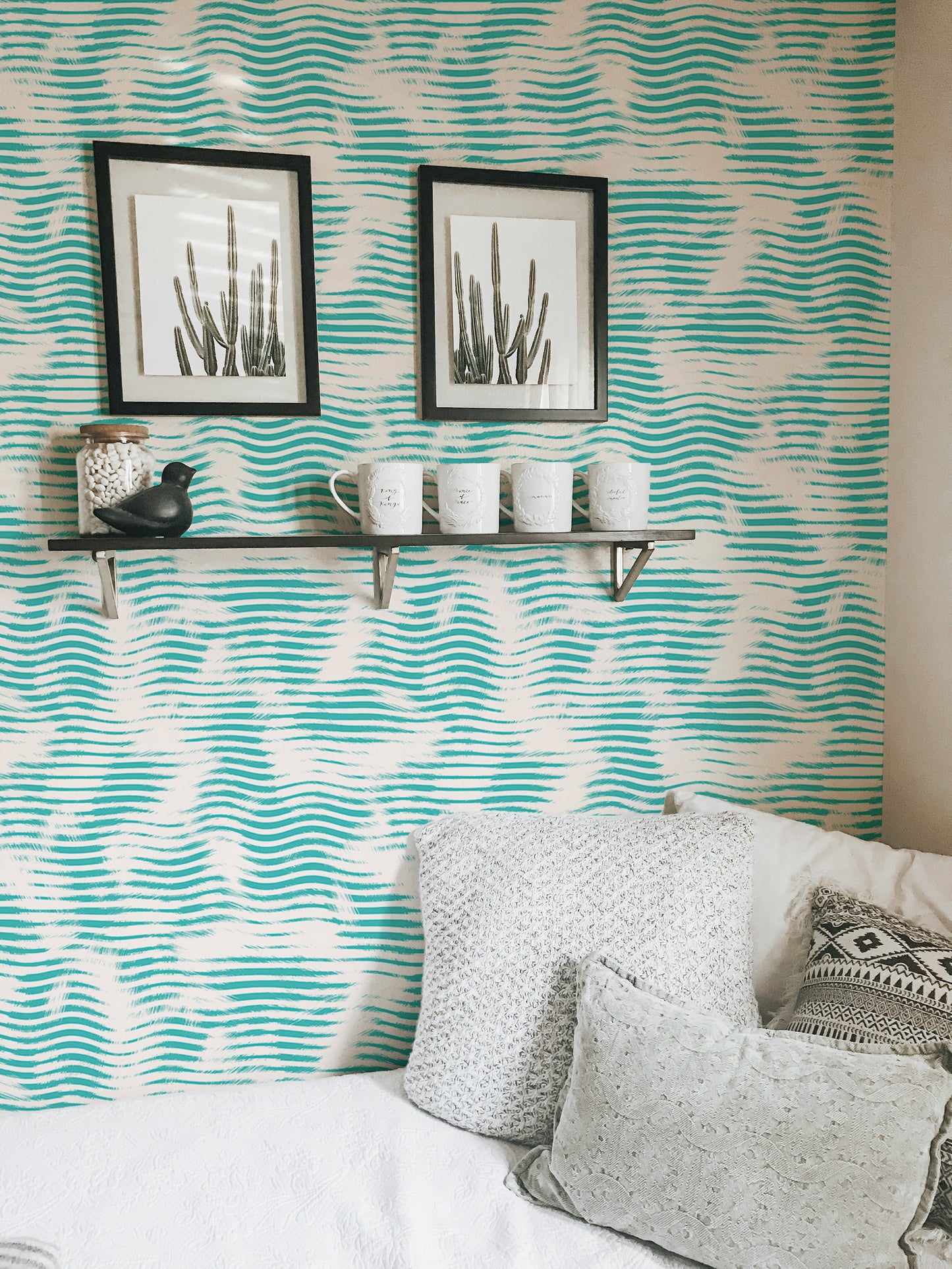 Aegean Teal Broken Stripe Grunge Wave Wallpaper For Walls
