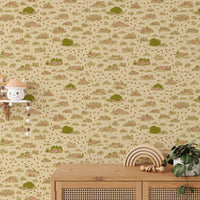 Artistic wallpaper with a serene nature walk design in brown hues
