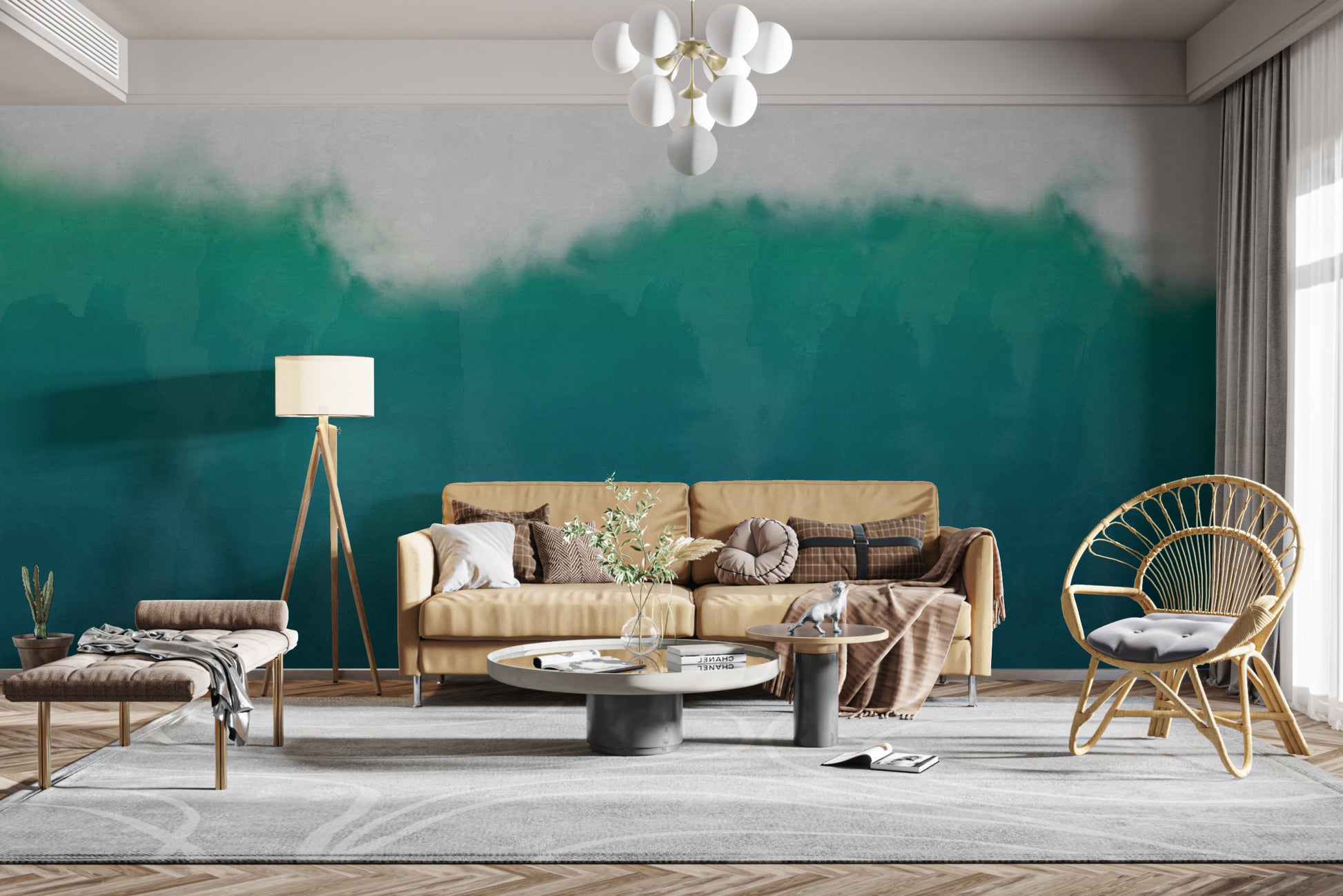 Dreamy watercolor beach mural with flowing ocean and skies
