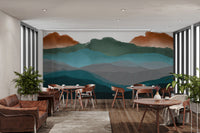 Serene mural with flowing abstract mountain forms