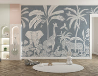 Transform walls with Monochrome Jungle Blue wall design.

