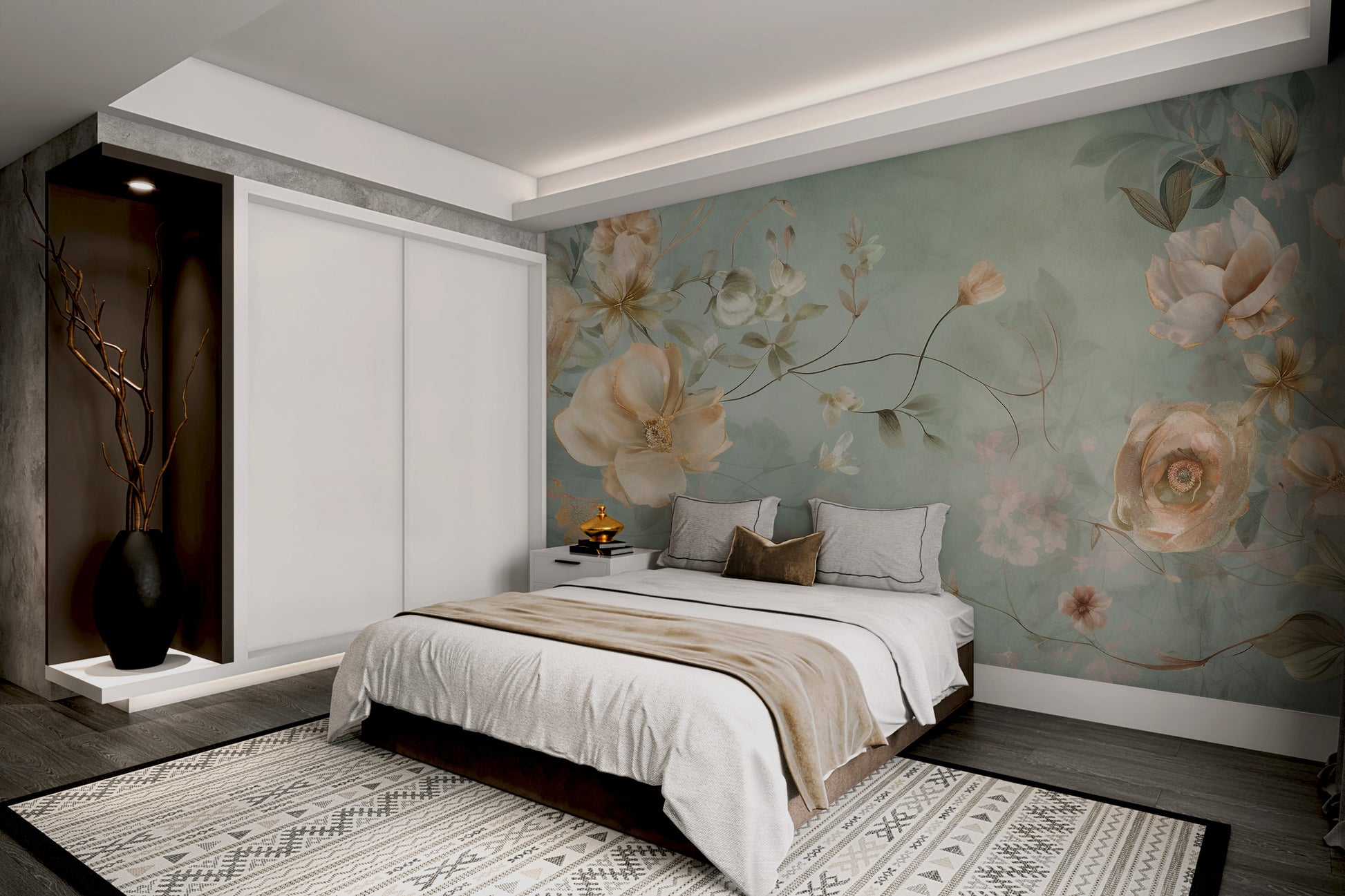 Elegant floral pattern mural with soft beige flowers
