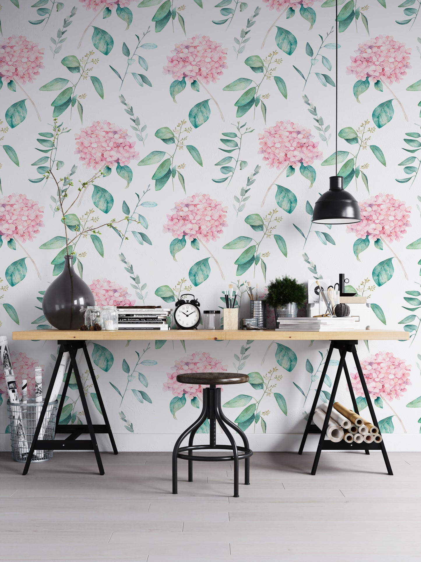 Watercolor Vintage Hortensia Flower Hand Draw Wallpaper