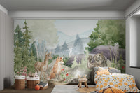 Forest-themed wallpaper with watercolor bear and deer