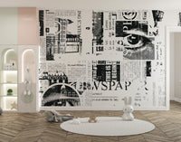 Graphic newsprint mural for modern decor
