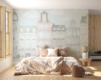 Peel and stick city wallpaper in pastel watercolor tones