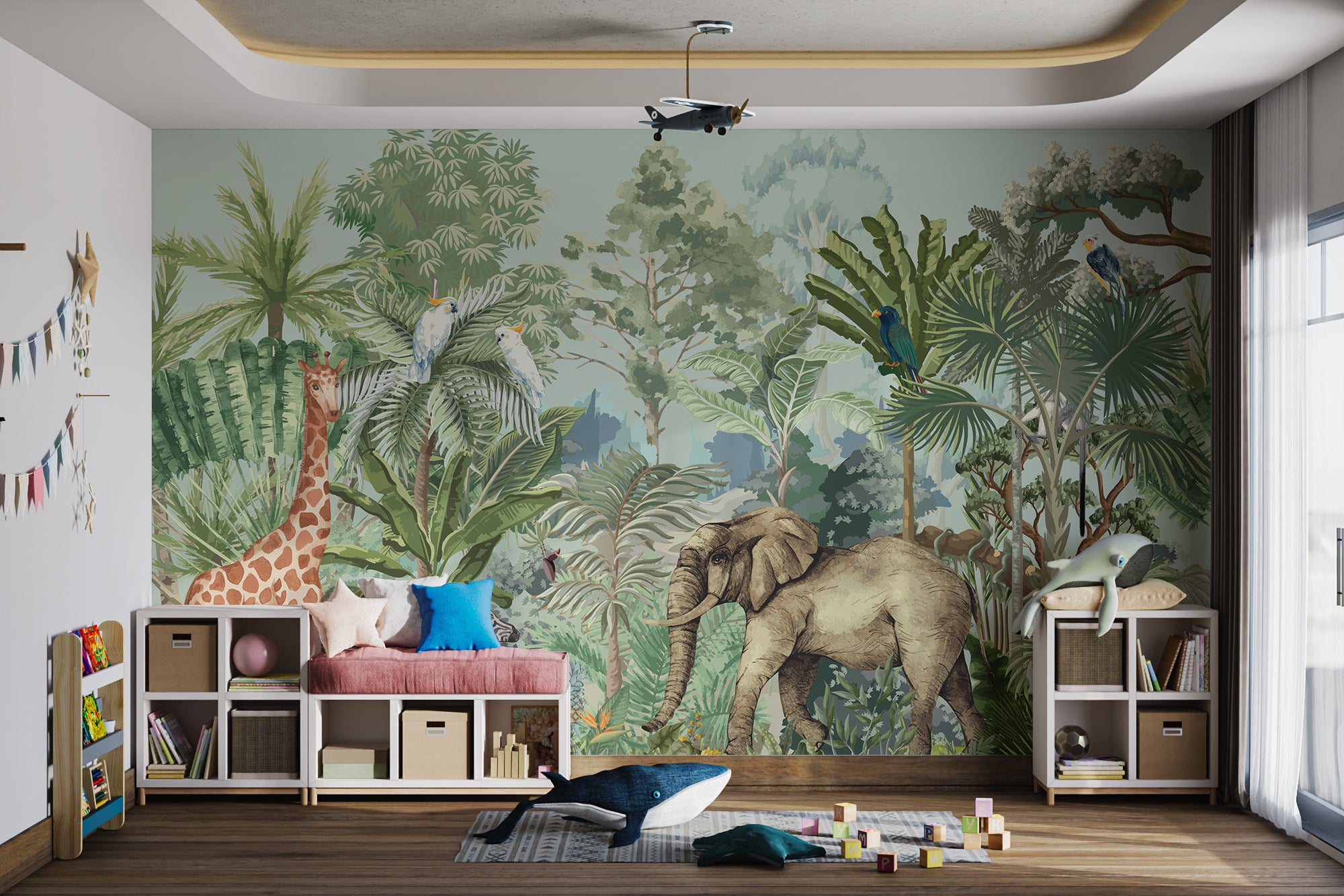 Lush rainforest animal illustration with elephants
