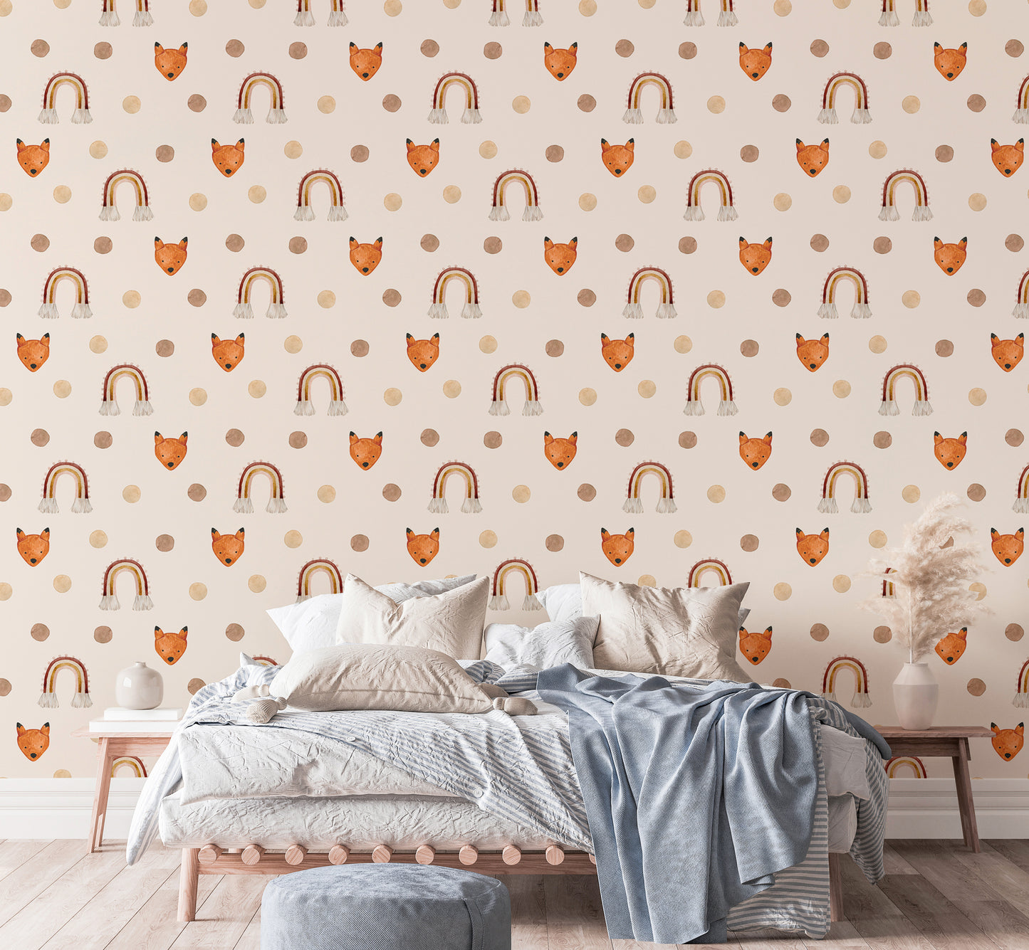 Polka Dots Brown Beige Rainbow Fox Kids Room Wallpaper