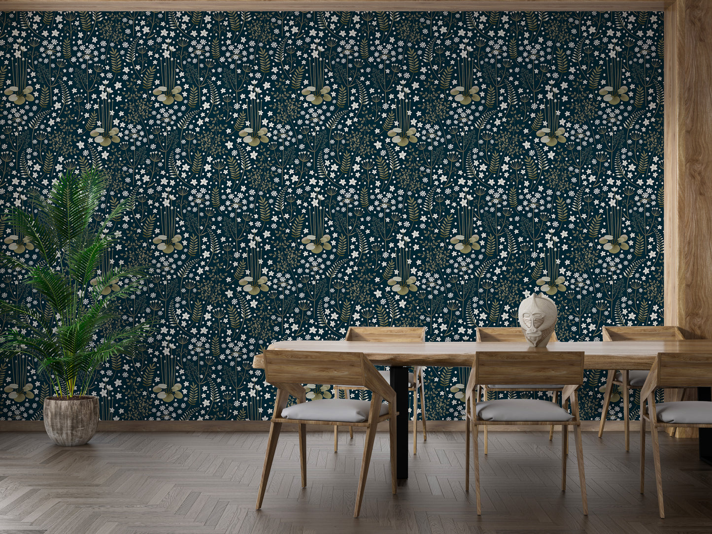 Floral Dark Blue Background Leaves Removable Wallpaper