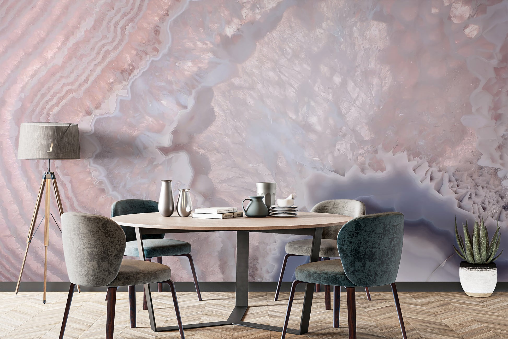 Sophisticated wall mural with a rose quartz crystal-inspired design
