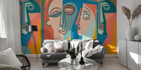Vibrant wall mural featuring artistic faces in bright hues
