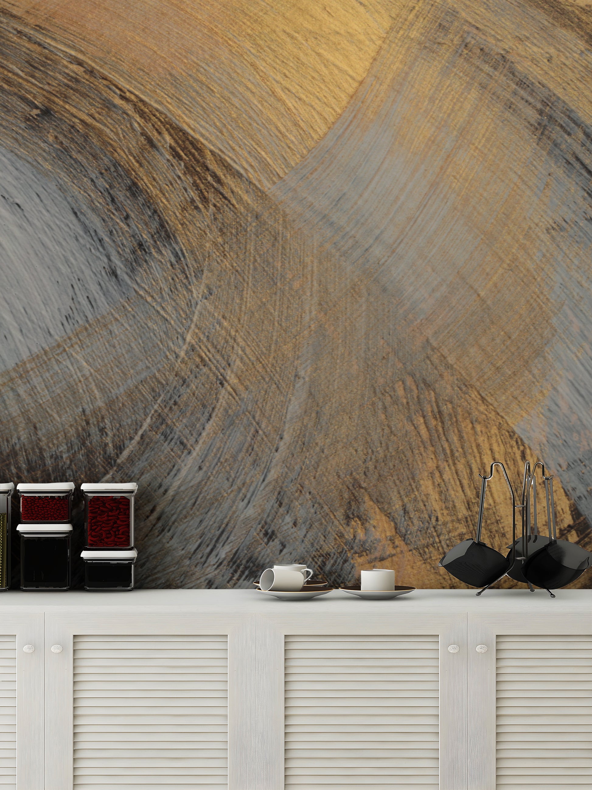 Modern gold and black swirl wallpaper design
