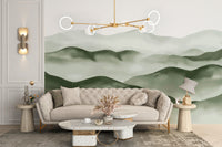 Serene green misty mountain wallpaper for tranquil rooms
