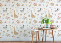 Whimsical safari wallpaper with giraffe, monkey, and elephant