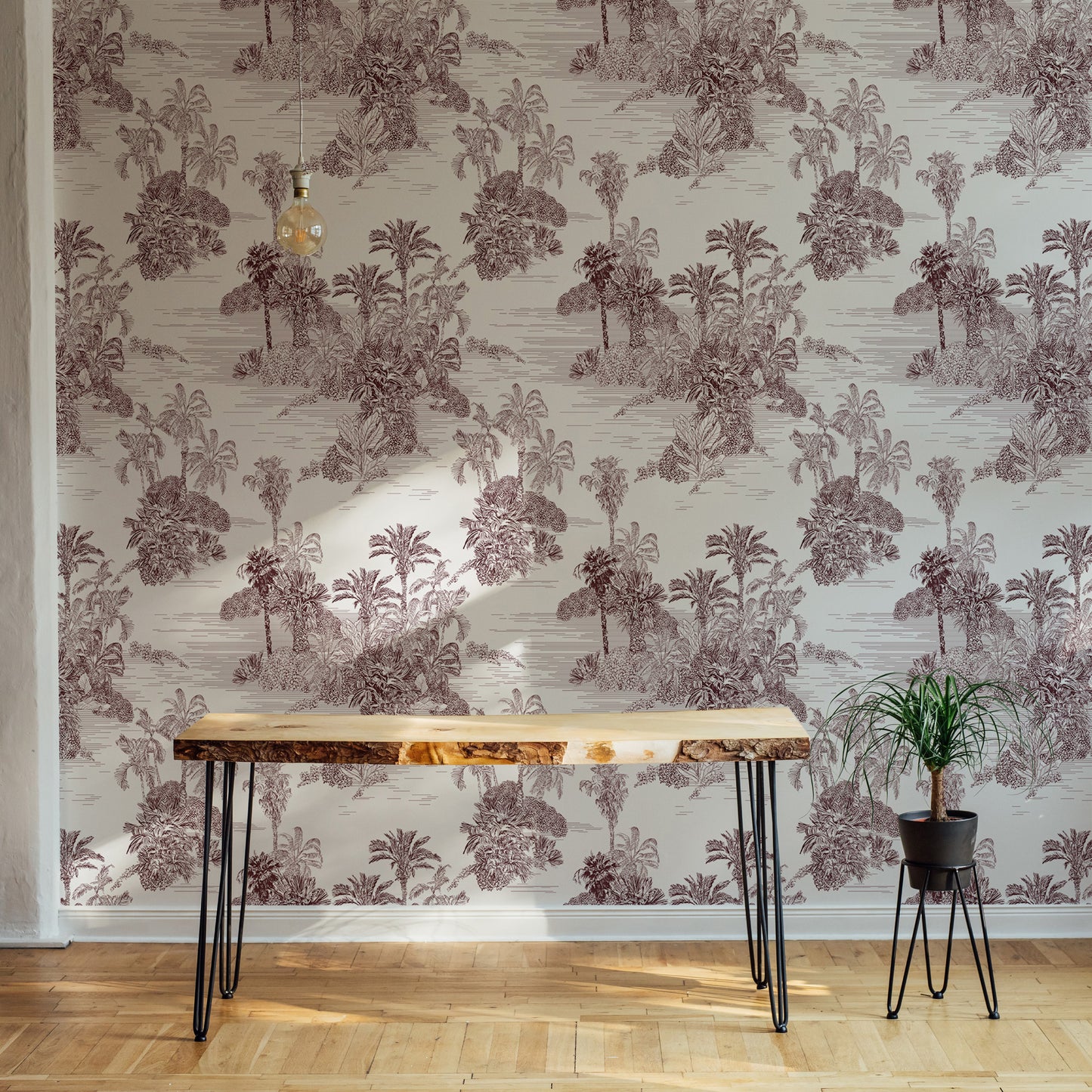 Etching Tropical Jungle Pattern Brown Toile Wallpaper