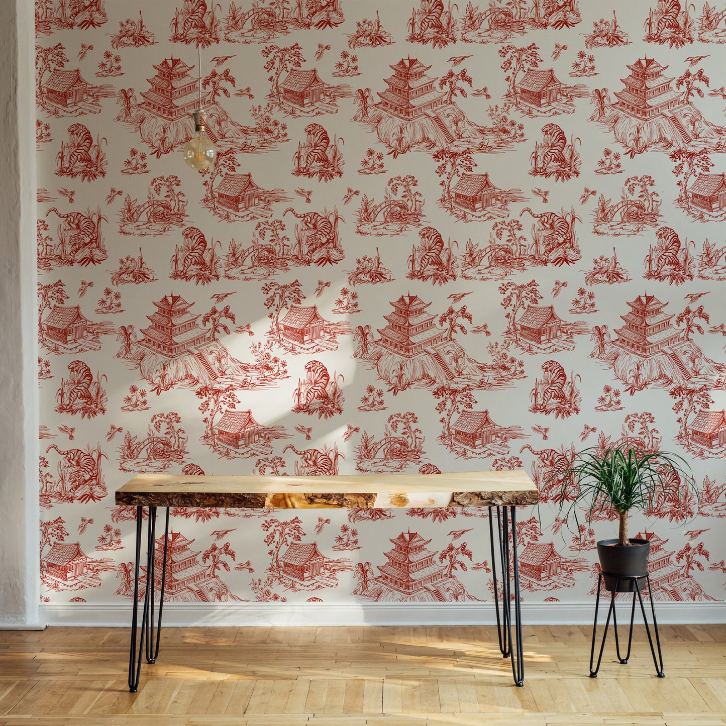 Red Color Seamless Pattern Chinoiserie Style Wallpaper