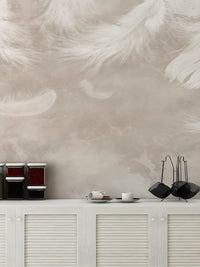 Ethereal feather drift mural for peaceful decor
