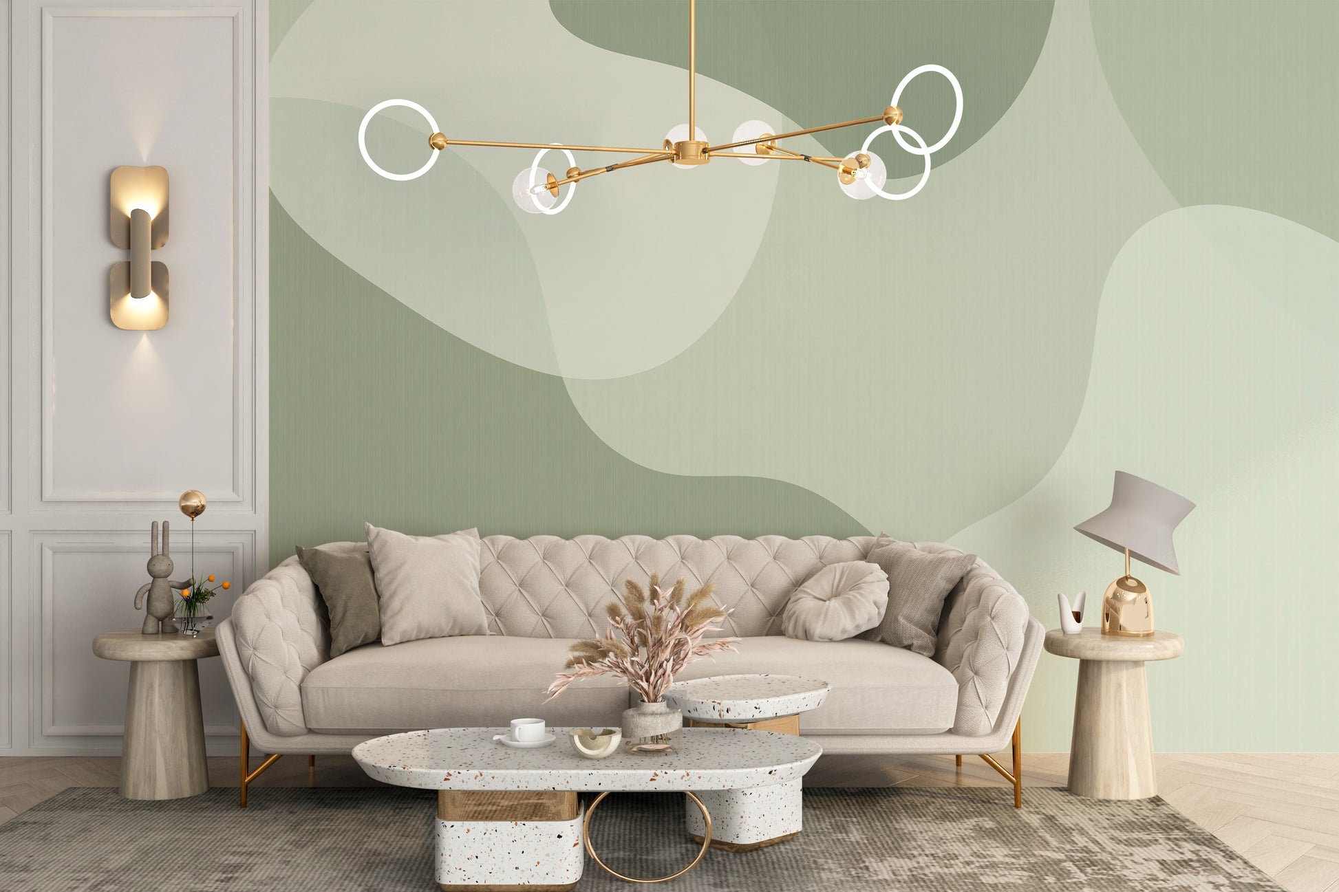 Sophisticated green abstract mural for tranquil spaces
