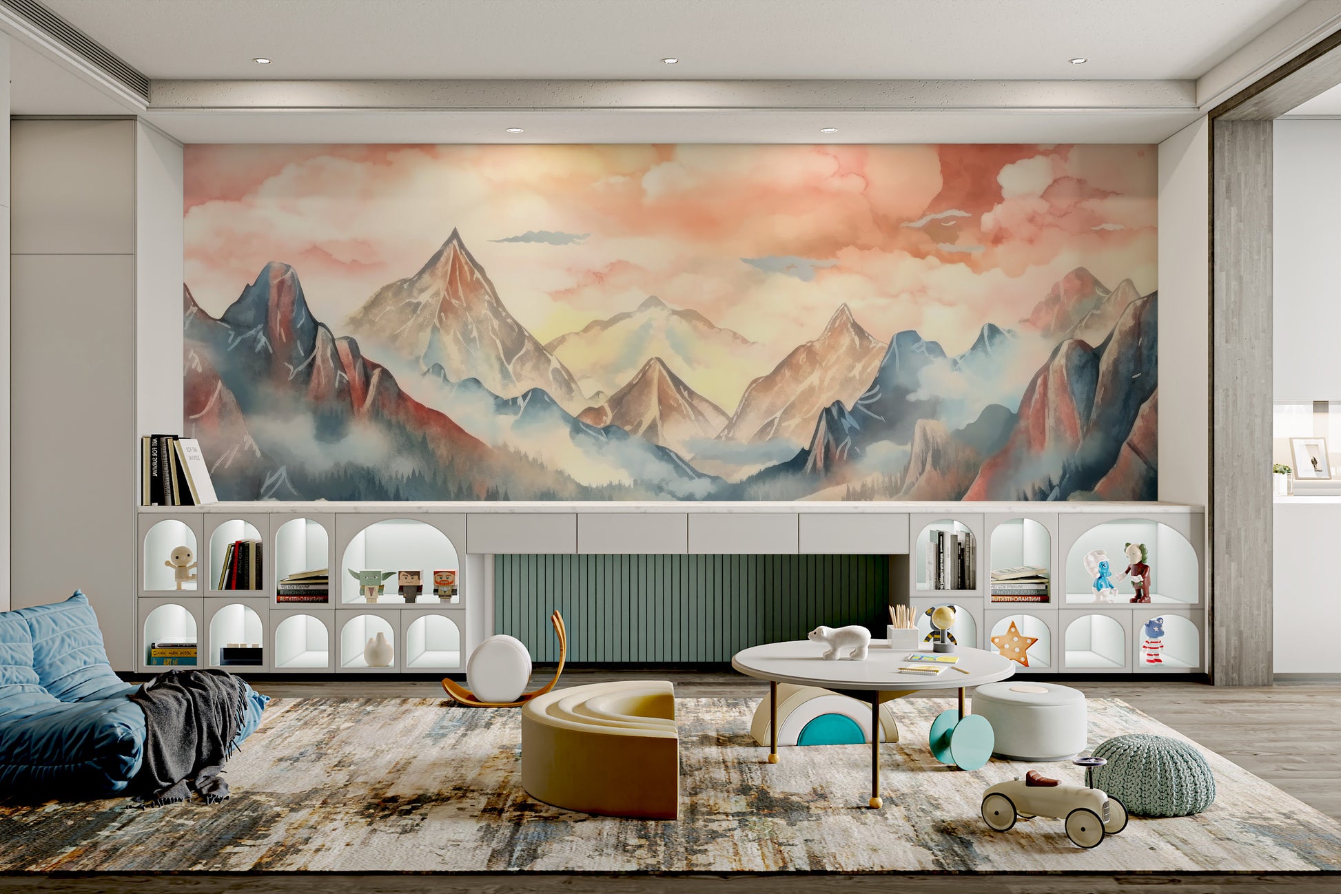 Hand-painted misty mountain wallpaper for a modern look