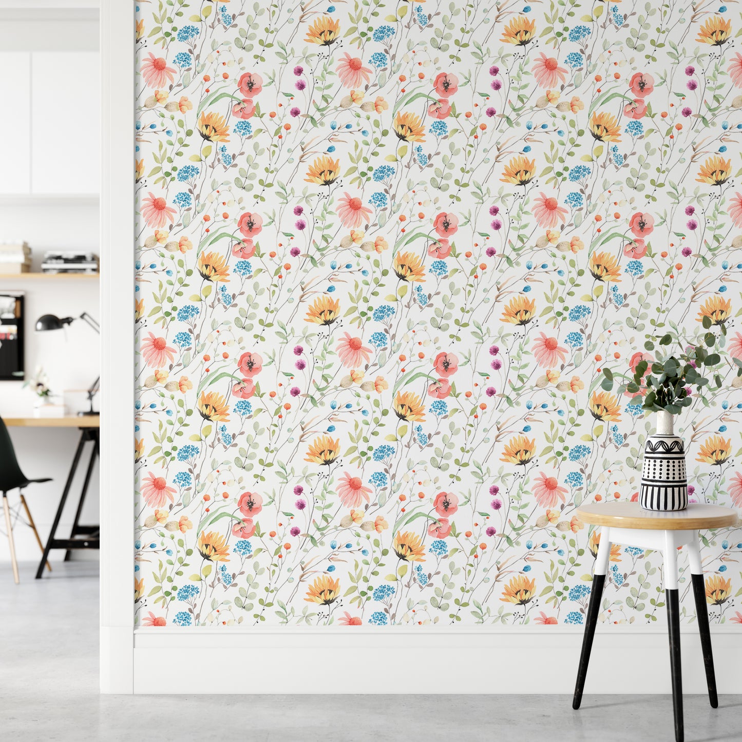 Colorful Flowers Abstract Green Plants White Wallpaper